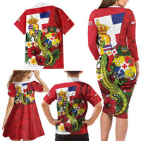 Hawaii And Tonga Family Matching Long Sleeve Bodycon Dress and Hawaiian Shirt King Kalakaua Tribal Gecko Tongan Ngatu LT14 - Polynesian Pride