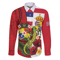 Hawaii And Tonga Family Matching Long Sleeve Bodycon Dress and Hawaiian Shirt King Kalakaua Tribal Gecko Tongan Ngatu LT14 Dad's Shirt - Long Sleeve Red - Polynesian Pride