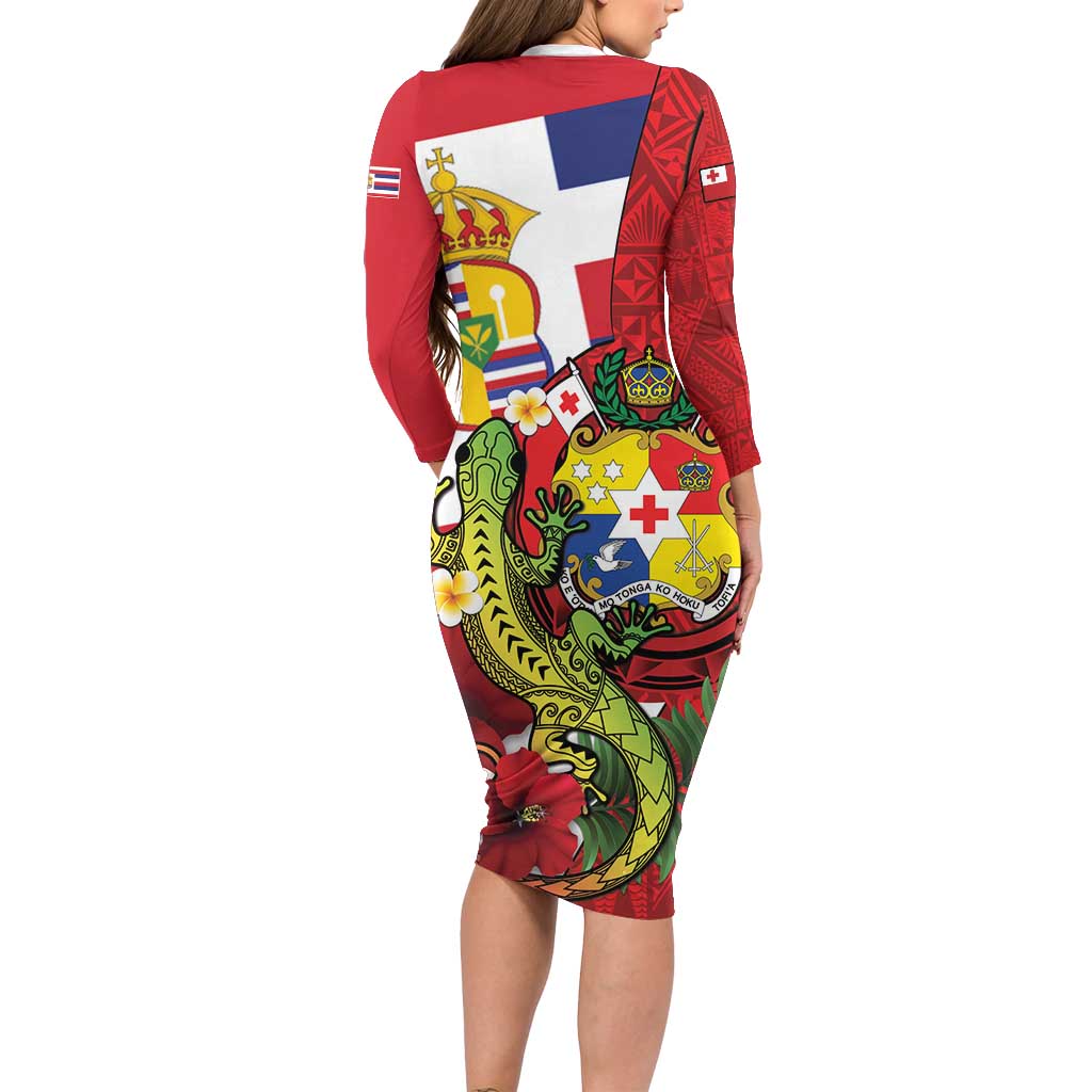 Hawaii And Tonga Family Matching Long Sleeve Bodycon Dress and Hawaiian Shirt King Kalakaua Tribal Gecko Tongan Ngatu LT14 - Polynesian Pride