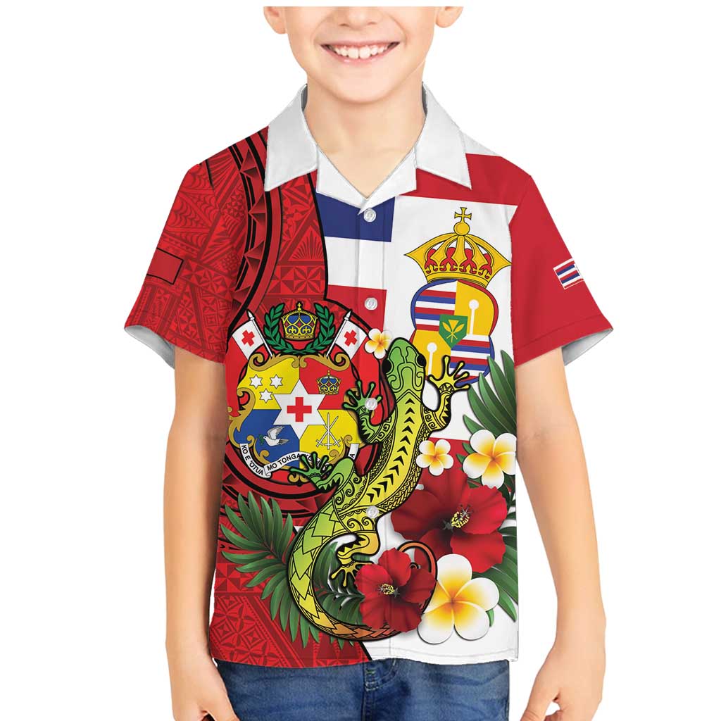 Hawaii And Tonga Family Matching Mermaid Dress and Hawaiian Shirt King Kalakaua Tribal Gecko Tongan Ngatu LT14 Son's Shirt Red - Polynesian Pride