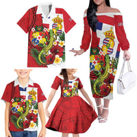 Hawaii And Tonga Family Matching Off The Shoulder Long Sleeve Dress and Hawaiian Shirt King Kalakaua Tribal Gecko Tongan Ngatu