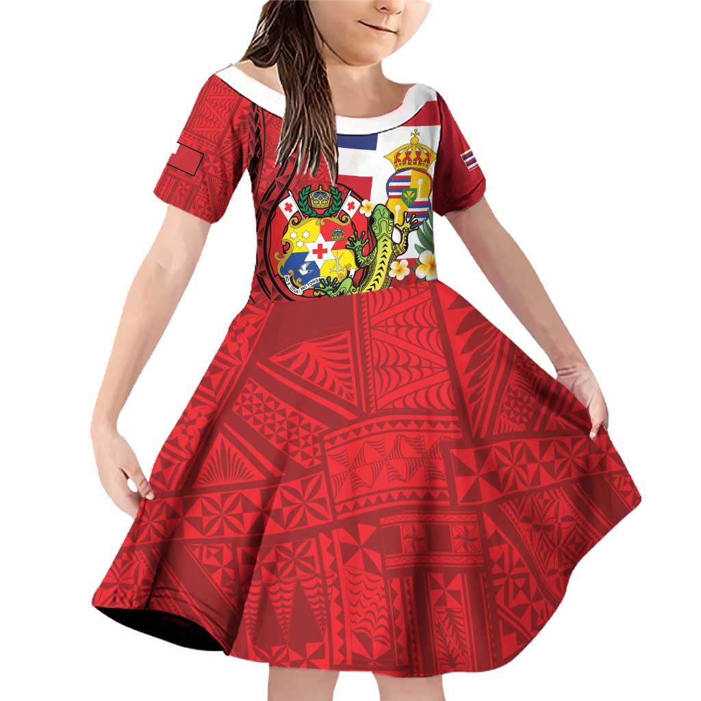 Hawaii And Tonga Family Matching Off Shoulder Short Dress and Hawaiian Shirt King Kalakaua Tribal Gecko Tongan Ngatu LT14 Daughter's Dress Red - Polynesian Pride