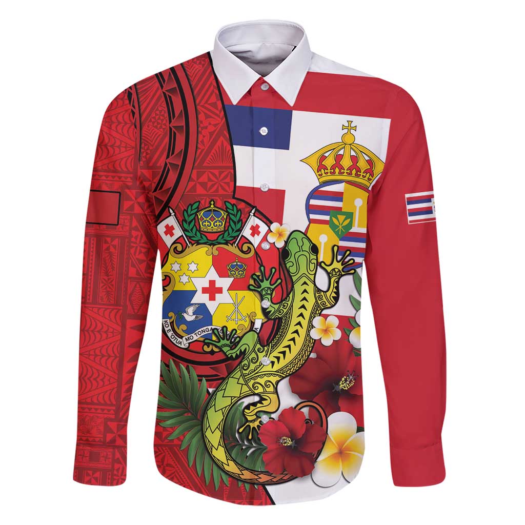 Hawaii And Tonga Family Matching Off Shoulder Short Dress and Hawaiian Shirt King Kalakaua Tribal Gecko Tongan Ngatu LT14 Dad's Shirt - Long Sleeve Red - Polynesian Pride