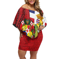 Hawaii And Tonga Family Matching Off Shoulder Short Dress and Hawaiian Shirt King Kalakaua Tribal Gecko Tongan Ngatu LT14 Mom's Dress Red - Polynesian Pride