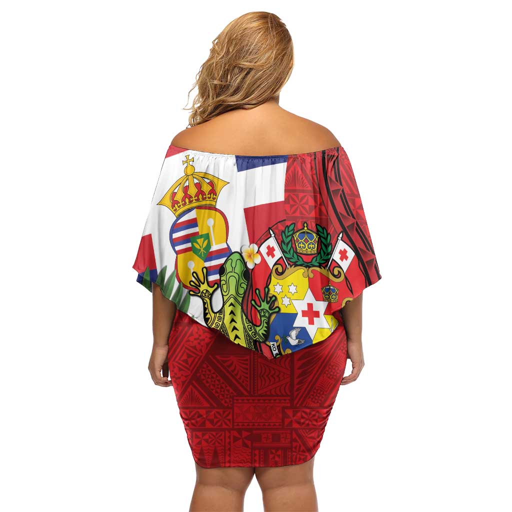 Hawaii And Tonga Family Matching Off Shoulder Short Dress and Hawaiian Shirt King Kalakaua Tribal Gecko Tongan Ngatu LT14 - Polynesian Pride