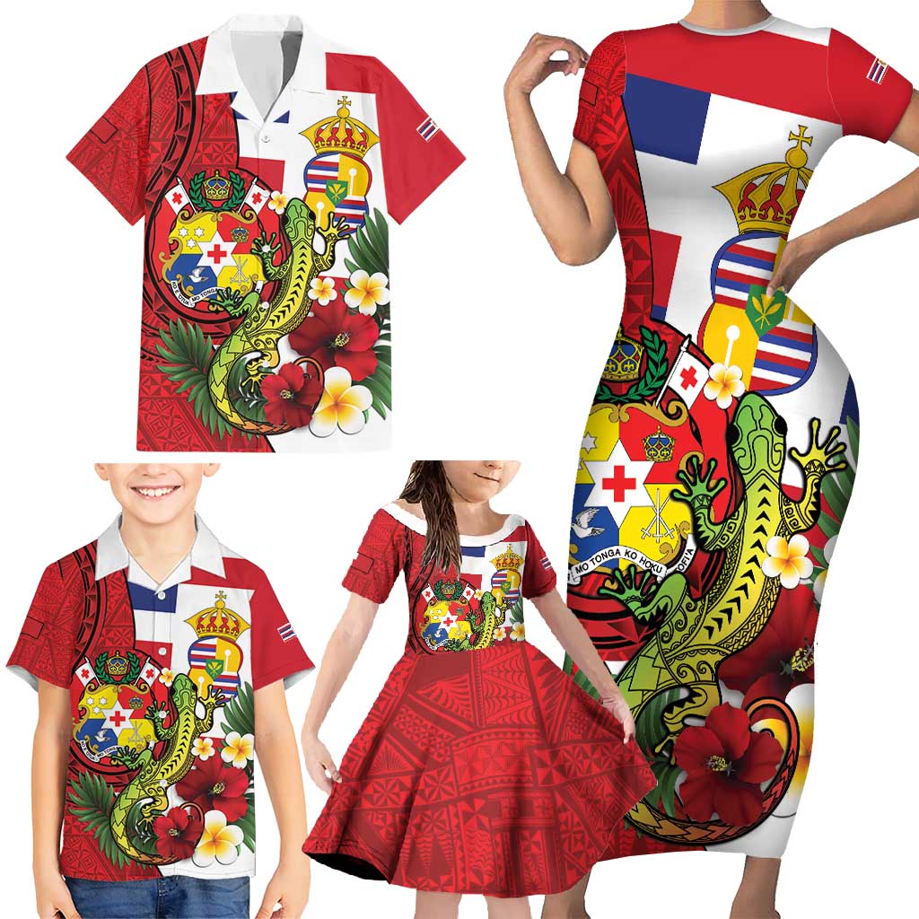 Hawaii And Tonga Family Matching Short Sleeve Bodycon Dress and Hawaiian Shirt King Kalakaua Tribal Gecko Tongan Ngatu LT14 - Polynesian Pride