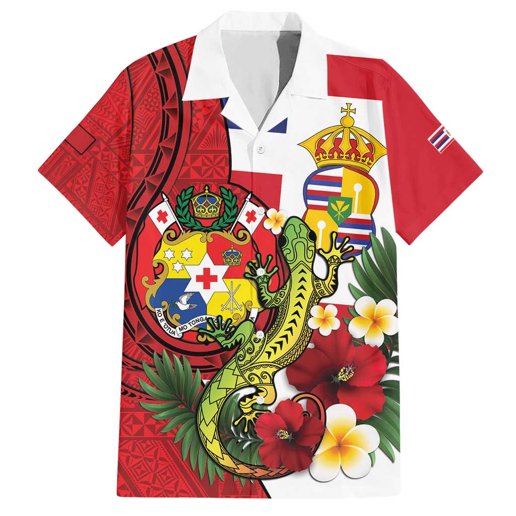 Hawaii And Tonga Family Matching Short Sleeve Bodycon Dress and Hawaiian Shirt King Kalakaua Tribal Gecko Tongan Ngatu LT14 Dad's Shirt - Short Sleeve Red - Polynesian Pride