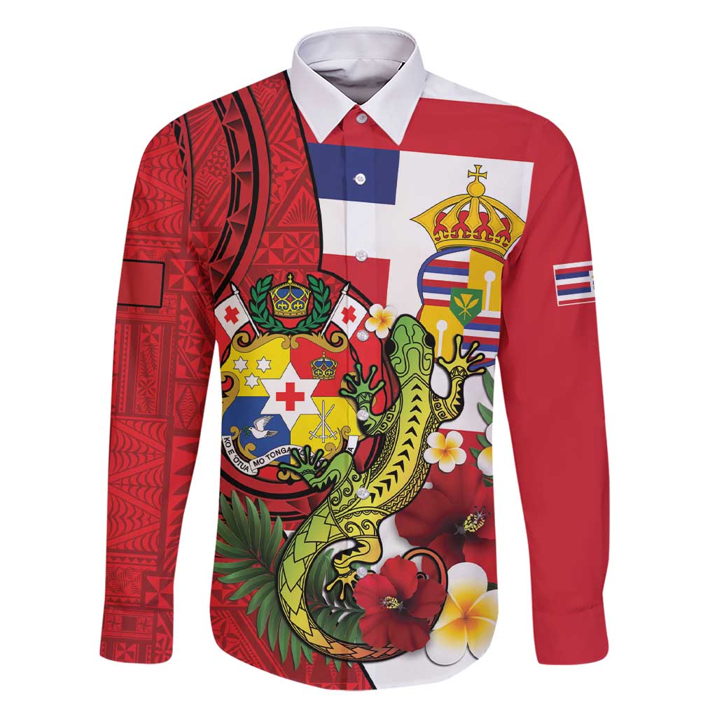 Hawaii And Tonga Family Matching Short Sleeve Bodycon Dress and Hawaiian Shirt King Kalakaua Tribal Gecko Tongan Ngatu LT14 Dad's Shirt - Long Sleeve Red - Polynesian Pride