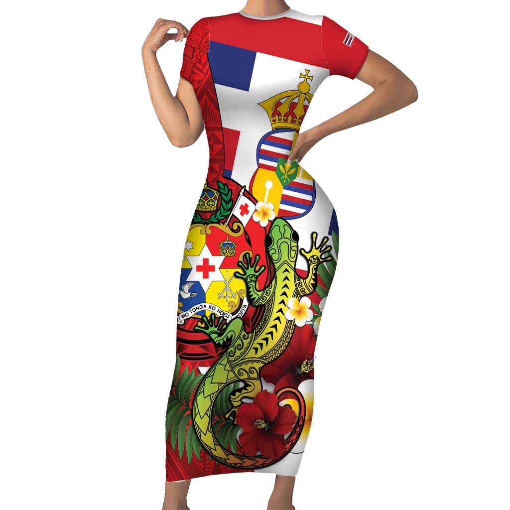 Hawaii And Tonga Family Matching Short Sleeve Bodycon Dress and Hawaiian Shirt King Kalakaua Tribal Gecko Tongan Ngatu LT14 Mom's Dress Red - Polynesian Pride