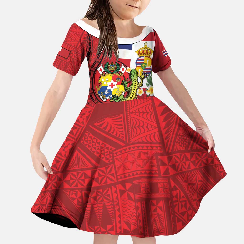 Hawaii And Tonga Family Matching Tank Maxi Dress and Hawaiian Shirt King Kalakaua Tribal Gecko Tongan Ngatu LT14 Daughter's Dress Red - Polynesian Pride