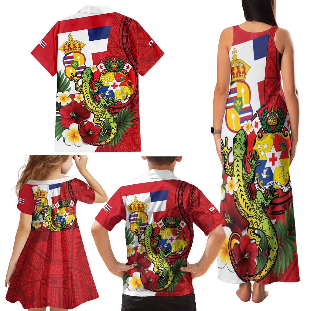 Hawaii And Tonga Family Matching Tank Maxi Dress and Hawaiian Shirt King Kalakaua Tribal Gecko Tongan Ngatu LT14 - Polynesian Pride