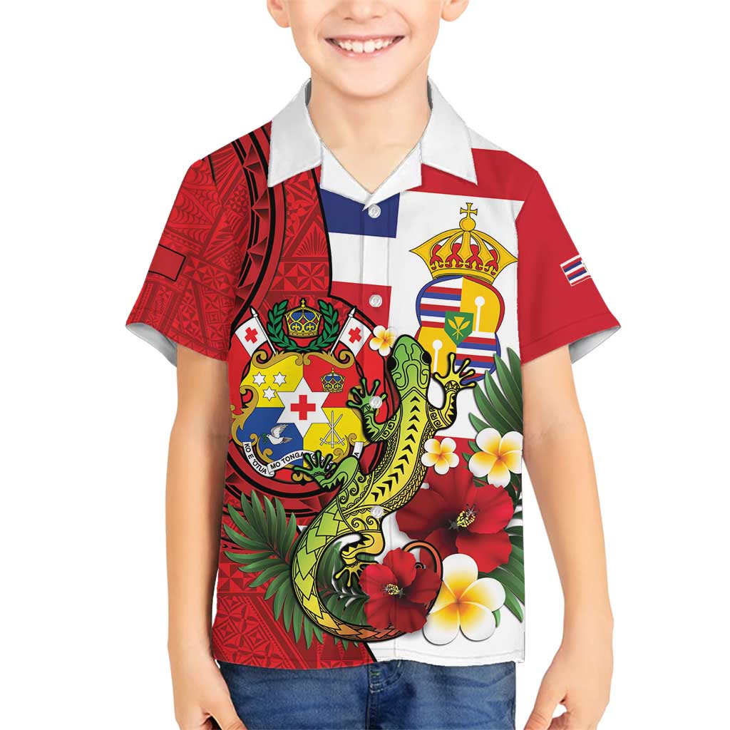 Hawaii And Tonga Family Matching Tank Maxi Dress and Hawaiian Shirt King Kalakaua Tribal Gecko Tongan Ngatu LT14 Son's Shirt Red - Polynesian Pride