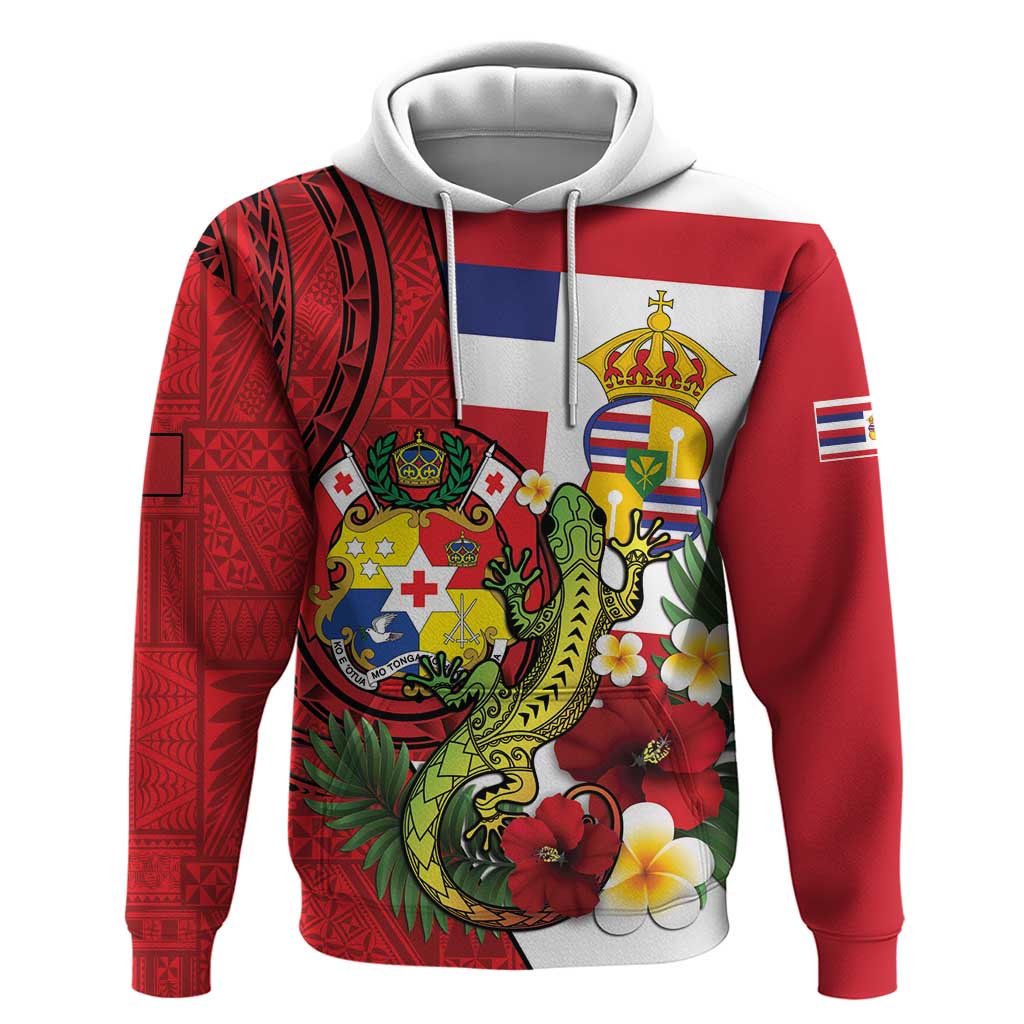Hawaii And Tonga Hoodie King Kalakaua Tribal Gecko Tongan Ngatu LT14 Pullover Hoodie Red - Polynesian Pride
