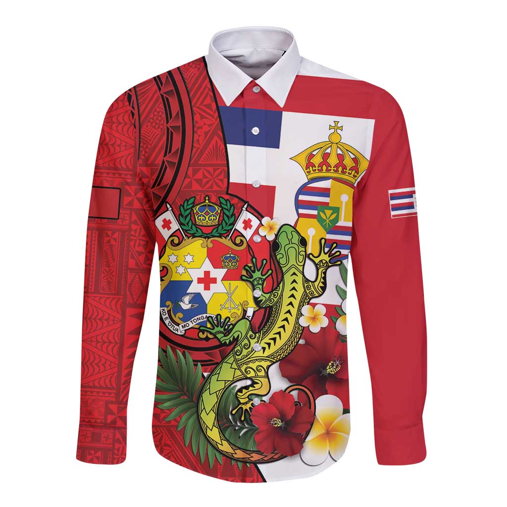 Hawaii And Tonga Long Sleeve Button Shirt King Kalakaua Tribal Gecko Tongan Ngatu