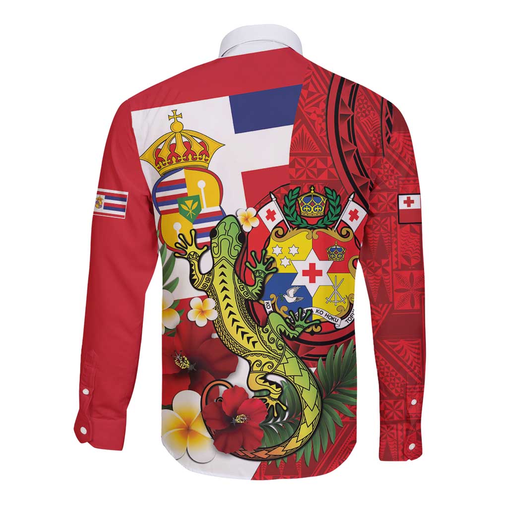 Hawaii And Tonga Long Sleeve Button Shirt King Kalakaua Tribal Gecko Tongan Ngatu