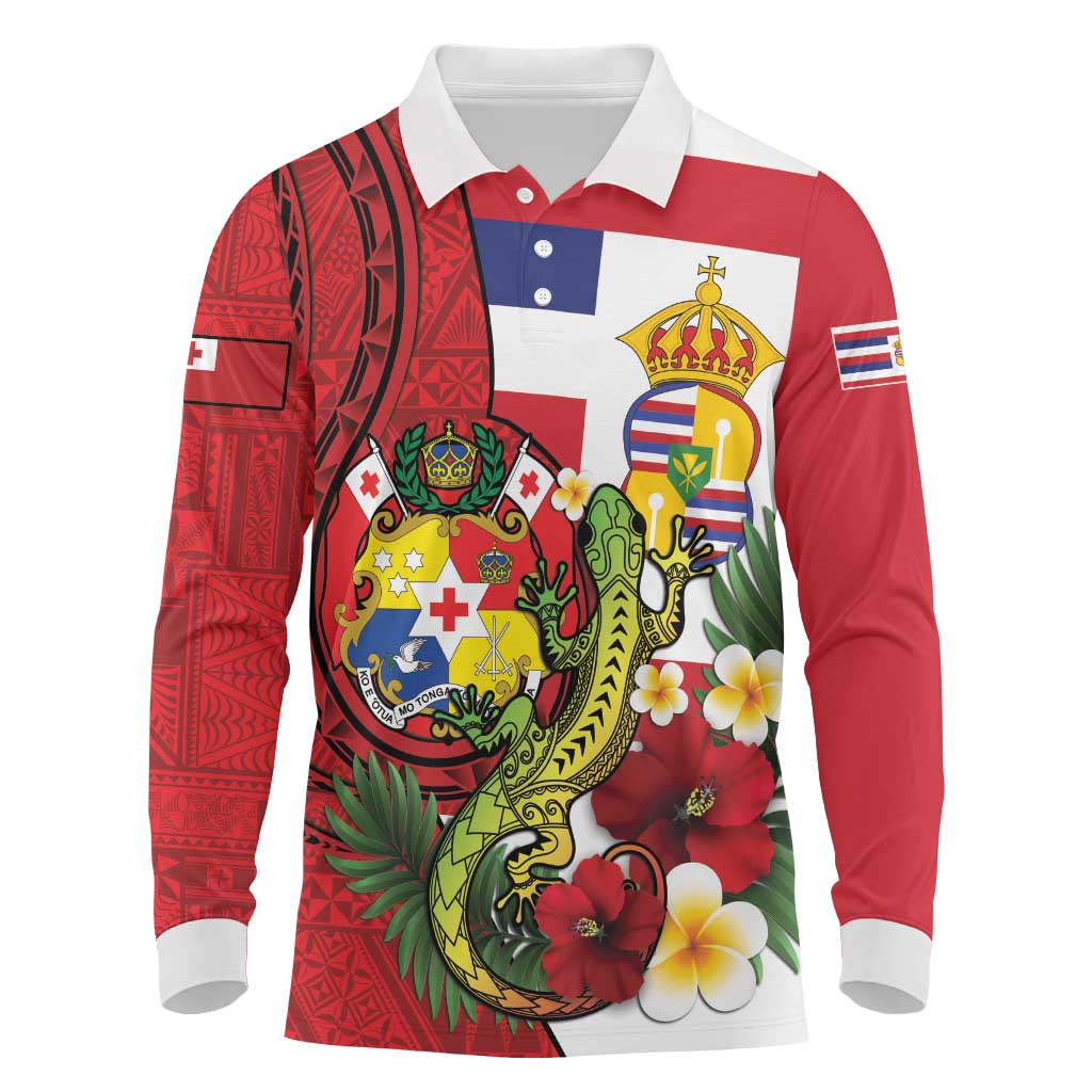 Hawaii And Tonga Long Sleeve Polo Shirt King Kalakaua Tribal Gecko Tongan Ngatu