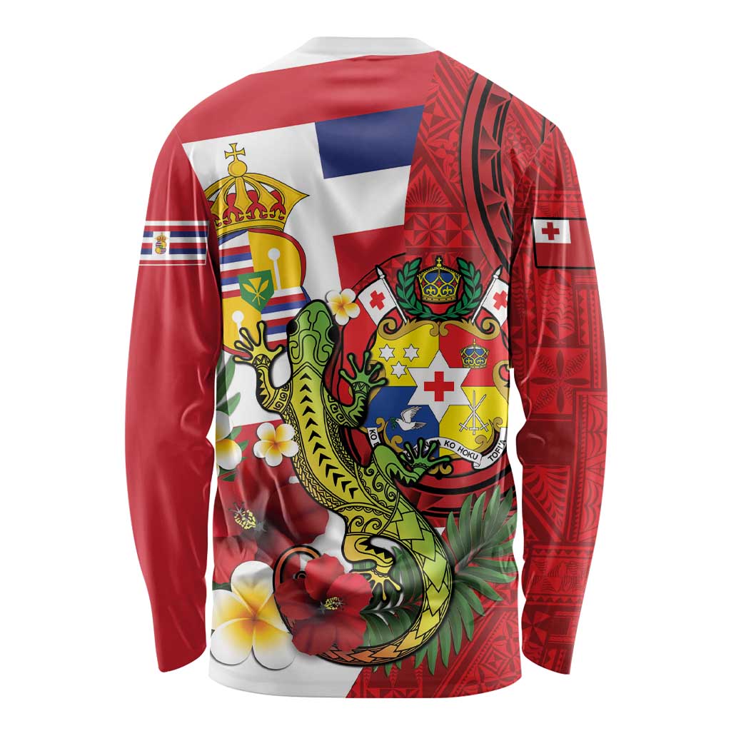 Hawaii And Tonga Long Sleeve Shirt King Kalakaua Tribal Gecko Tongan Ngatu