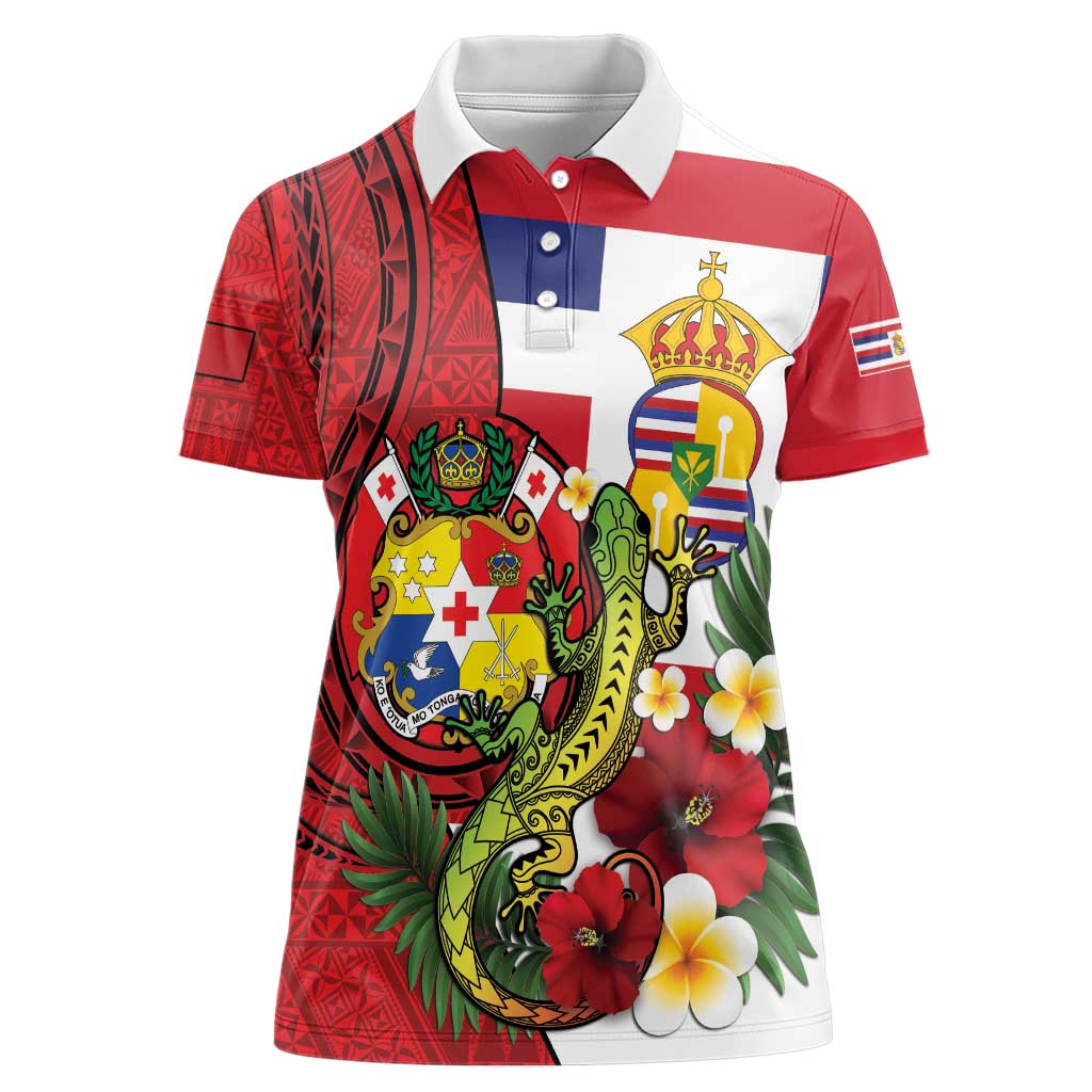 Hawaii And Tonga Women Polo Shirt King Kalakaua Tribal Gecko Tongan Ngatu LT14 Female Red - Polynesian Pride