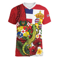 Hawaii And Tonga Women V-Neck T-Shirt King Kalakaua Tribal Gecko Tongan Ngatu