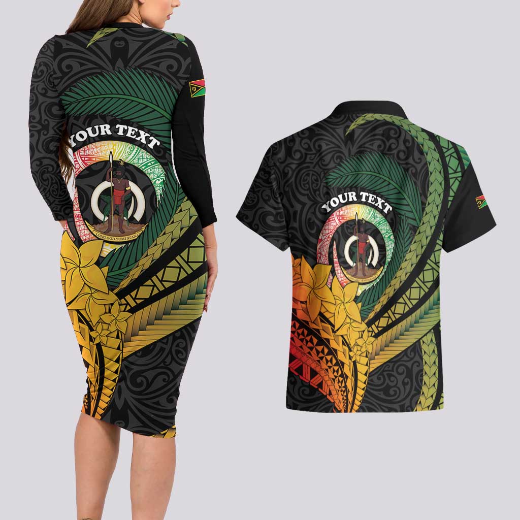 Personalised Vanuatu Independence Day Couples Matching Long Sleeve Bodycon Dress and Hawaiian Shirt July 30 Pig Tusk Long God Yumi Stanap