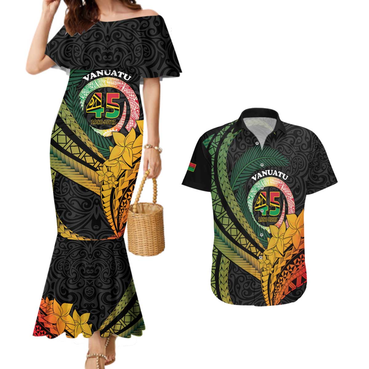 Personalised Vanuatu Independence Day Couples Matching Mermaid Dress and Hawaiian Shirt July 30 Pig Tusk Long God Yumi Stanap
