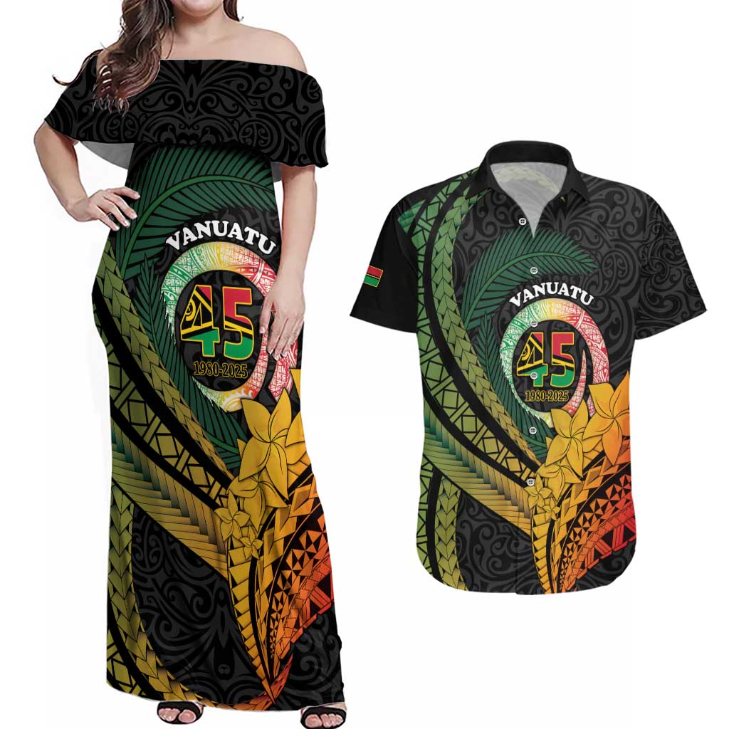 Personalised Vanuatu Independence Day Couples Matching Off Shoulder Maxi Dress and Hawaiian Shirt July 30 Pig Tusk Long God Yumi Stanap