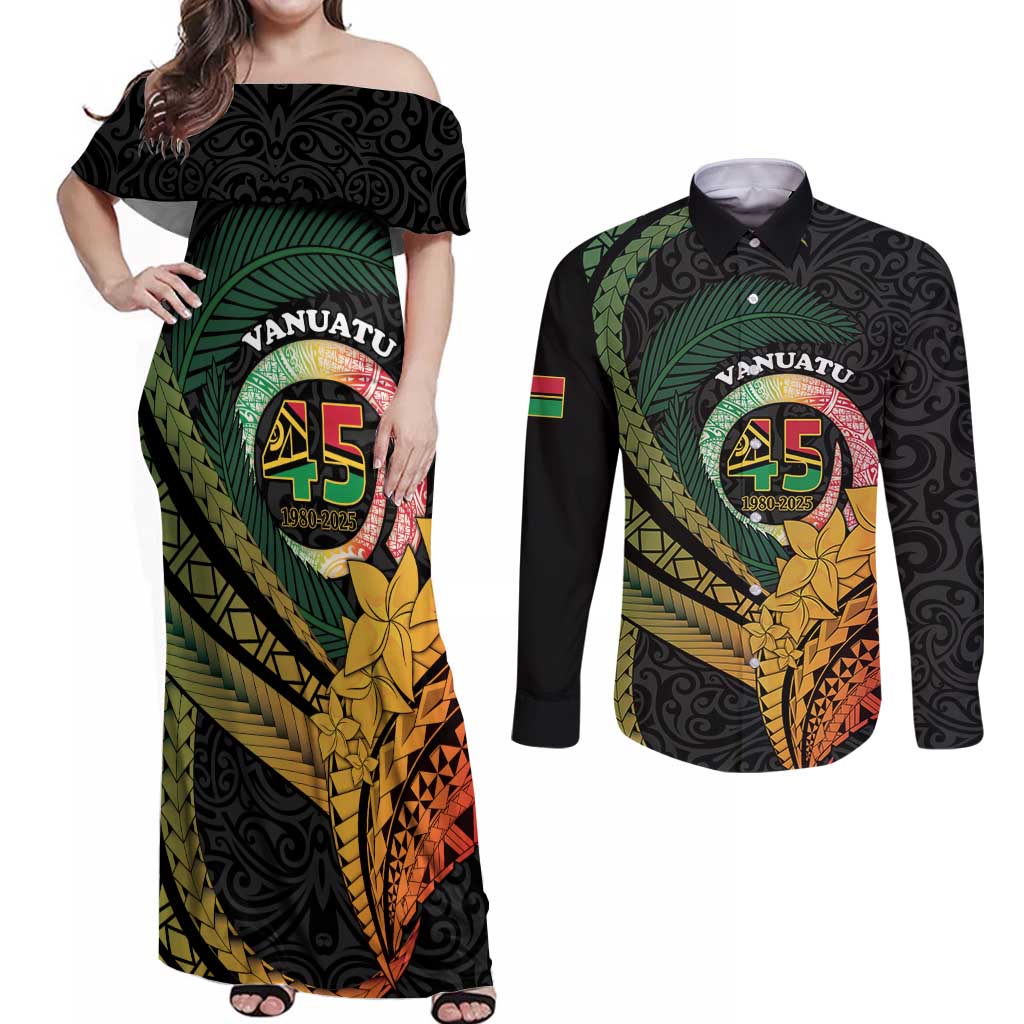 Personalised Vanuatu Independence Day Couples Matching Off Shoulder Maxi Dress and Long Sleeve Button Shirt July 30 Pig Tusk Long God Yumi Stanap