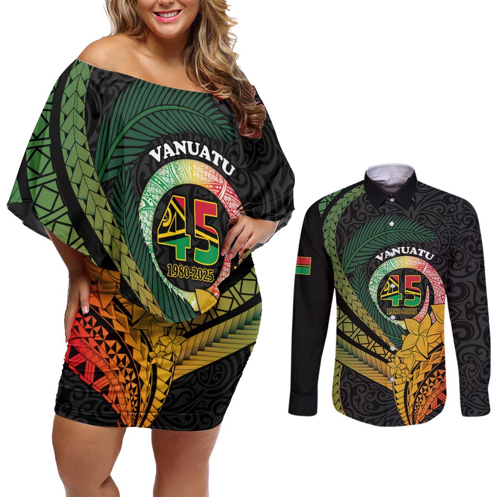 Personalised Vanuatu Independence Day Couples Matching Off Shoulder Short Dress and Long Sleeve Button Shirt July 30 Pig Tusk Long God Yumi Stanap
