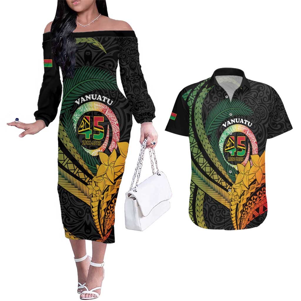 Personalised Vanuatu Independence Day Couples Matching Off The Shoulder Long Sleeve Dress and Hawaiian Shirt July 30 Pig Tusk Long God Yumi Stanap