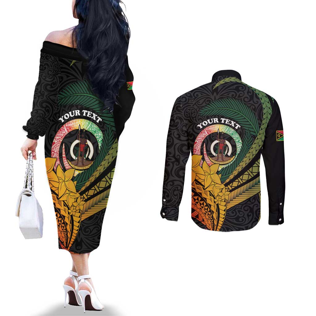 Personalised Vanuatu Independence Day Couples Matching Off The Shoulder Long Sleeve Dress and Long Sleeve Button Shirt July 30 Pig Tusk Long God Yumi Stanap