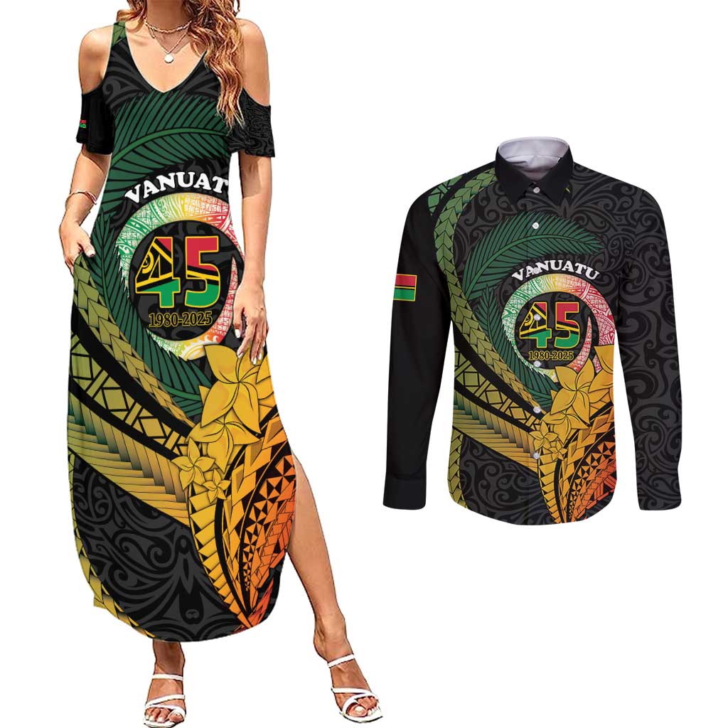 Personalised Vanuatu Independence Day Couples Matching Summer Maxi Dress and Long Sleeve Button Shirt July 30 Pig Tusk Long God Yumi Stanap