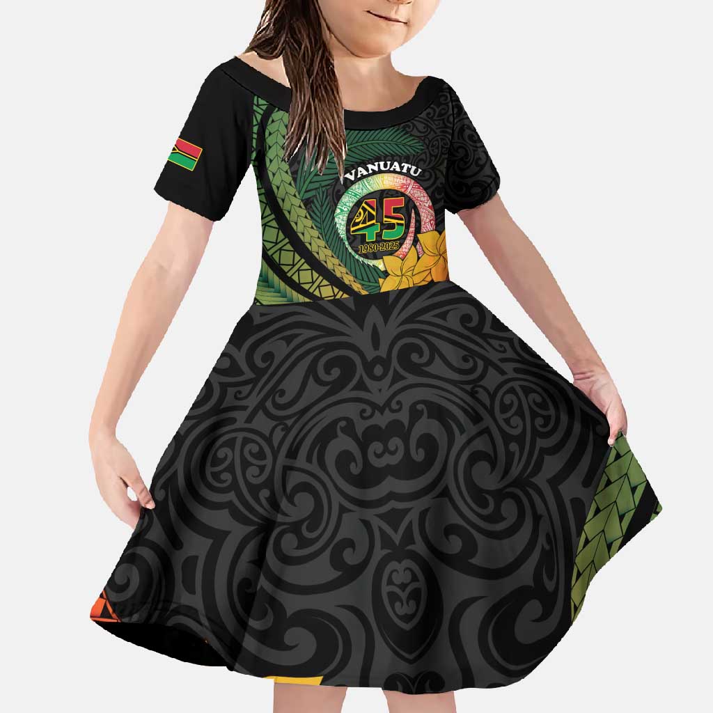 Personalised Vanuatu Independence Day Family Matching Long Sleeve Bodycon Dress and Hawaiian Shirt July 30 Pig Tusk Long God Yumi Stanap LT14 Daughter's Dress Black - Polynesian Pride
