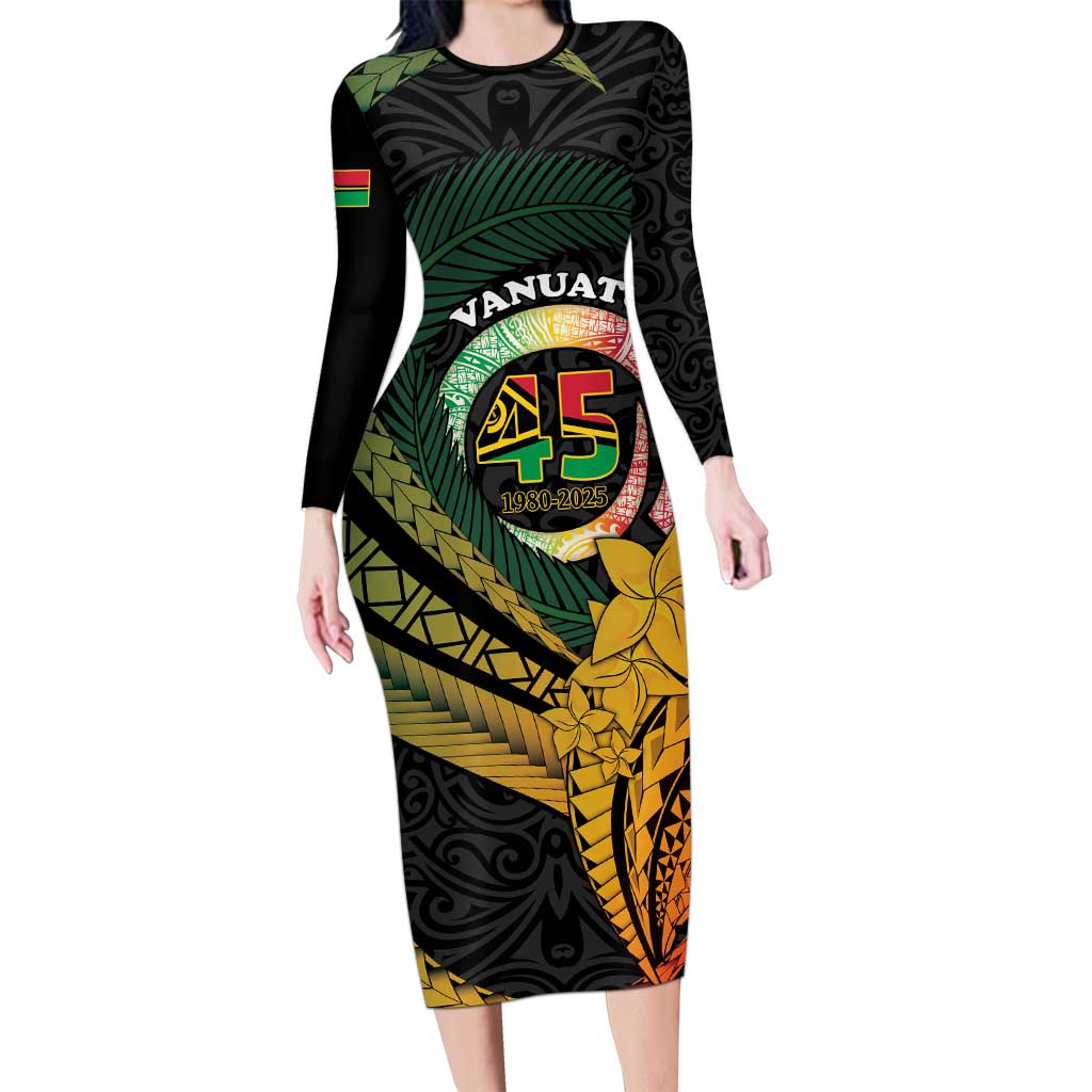 Personalised Vanuatu Independence Day Family Matching Long Sleeve Bodycon Dress and Hawaiian Shirt July 30 Pig Tusk Long God Yumi Stanap LT14 Mom's Dress Black - Polynesian Pride
