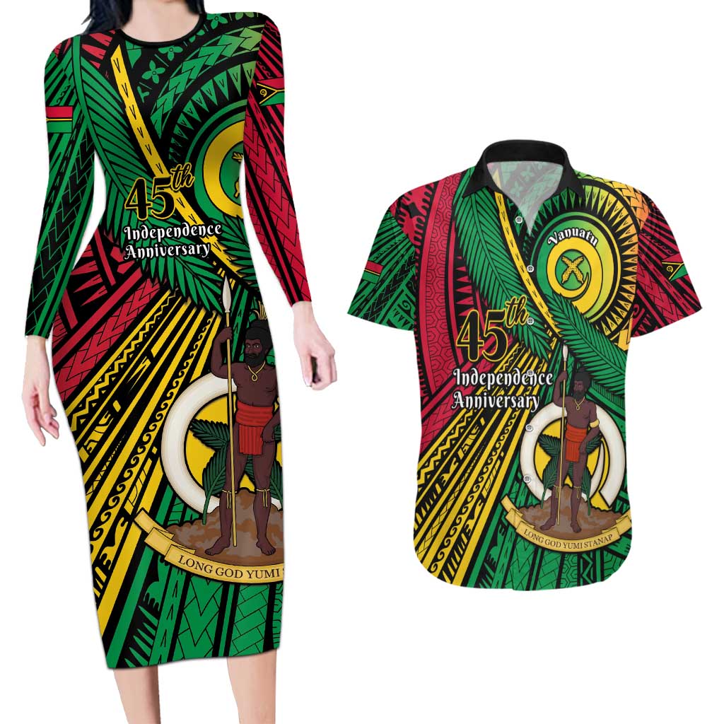 Halo Vanuatu Couples Matching Long Sleeve Bodycon Dress and Hawaiian Shirt Happy 45th Independence Anniversary