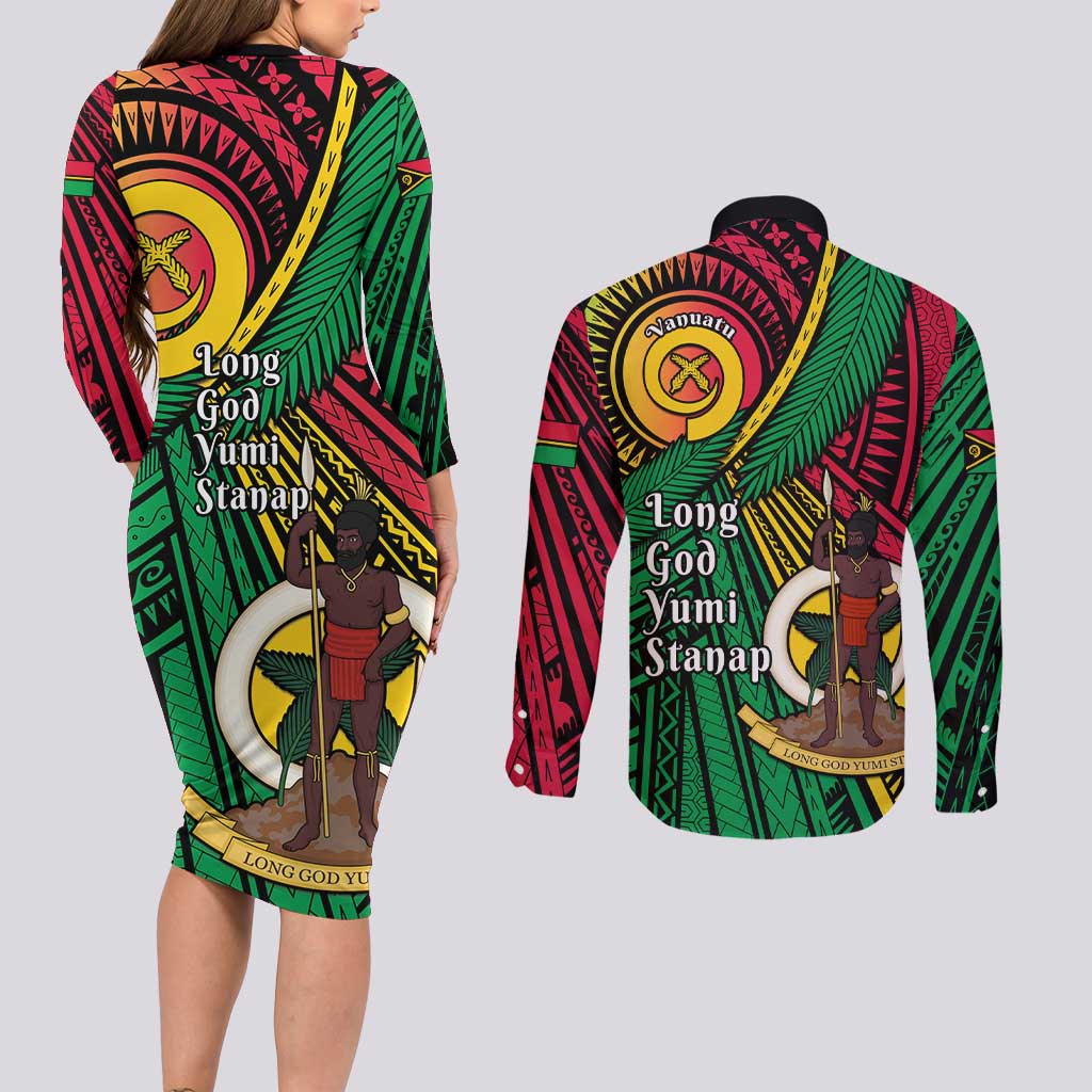 Halo Vanuatu Couples Matching Long Sleeve Bodycon Dress and Long Sleeve Button Shirt Happy 45th Independence Anniversary