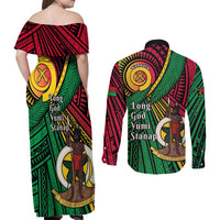 Halo Vanuatu Couples Matching Off Shoulder Maxi Dress and Long Sleeve Button Shirt Happy 45th Independence Anniversary