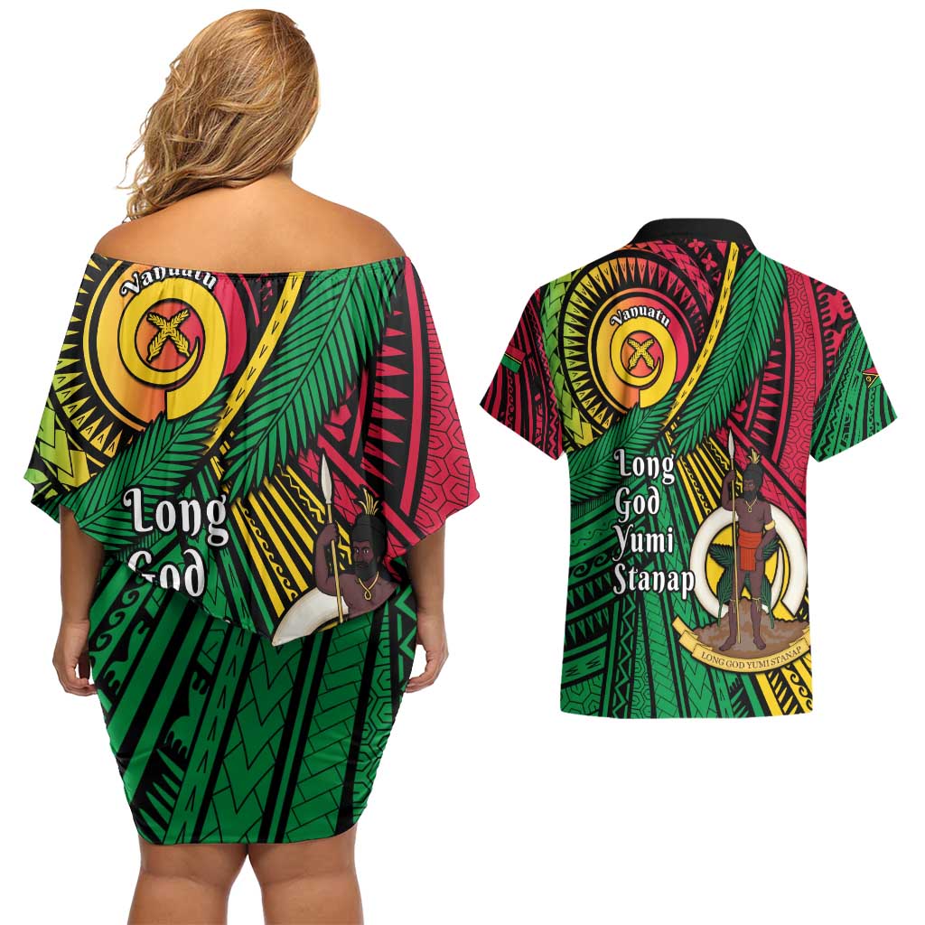 Halo Vanuatu Couples Matching Off Shoulder Short Dress and Hawaiian Shirt Happy 45th Independence Anniversary