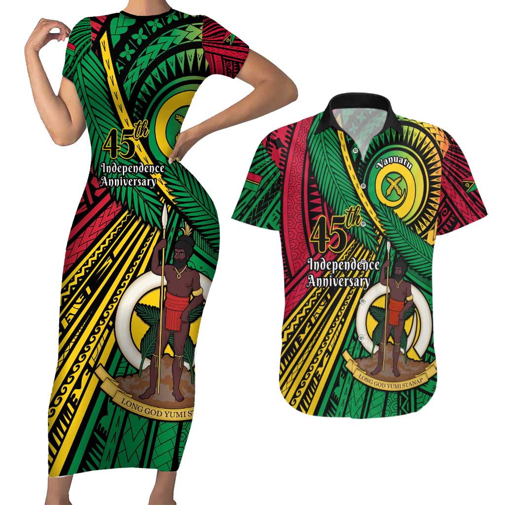 Halo Vanuatu Couples Matching Short Sleeve Bodycon Dress and Hawaiian Shirt Happy 45th Independence Anniversary