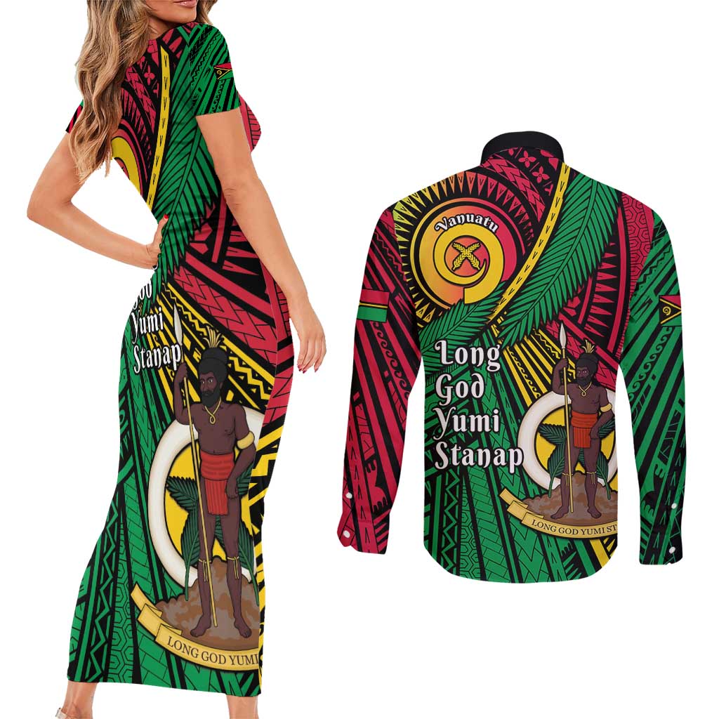 Halo Vanuatu Couples Matching Short Sleeve Bodycon Dress and Long Sleeve Button Shirt Happy 45th Independence Anniversary
