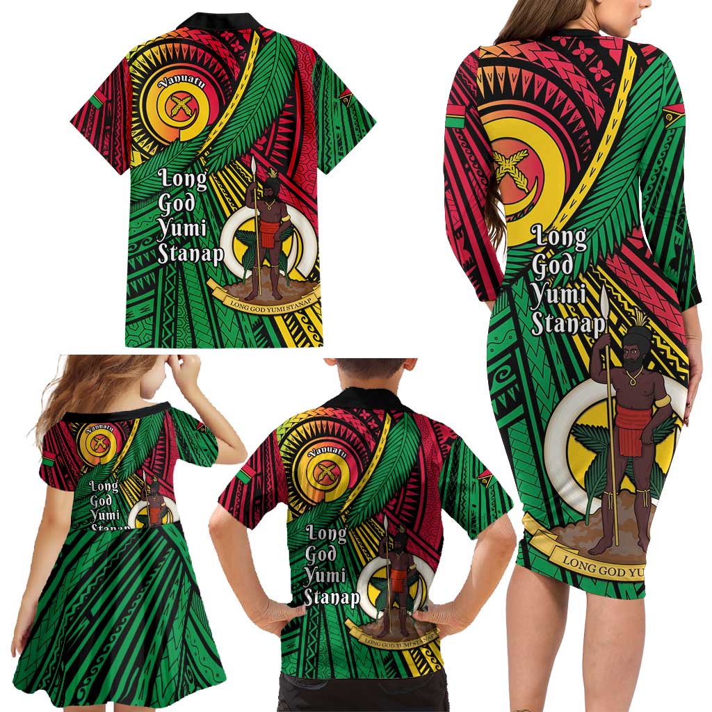 Halo Vanuatu Family Matching Long Sleeve Bodycon Dress and Hawaiian Shirt Happy 45th Independence Anniversary LT14 - Polynesian Pride