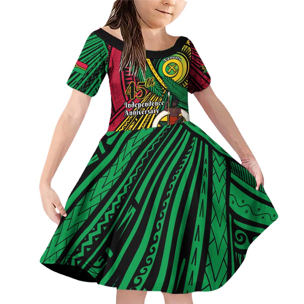 Halo Vanuatu Family Matching Off Shoulder Short Dress and Hawaiian Shirt Happy 45th Independence Anniversary LT14 Daughter's Dress Black - Polynesian Pride