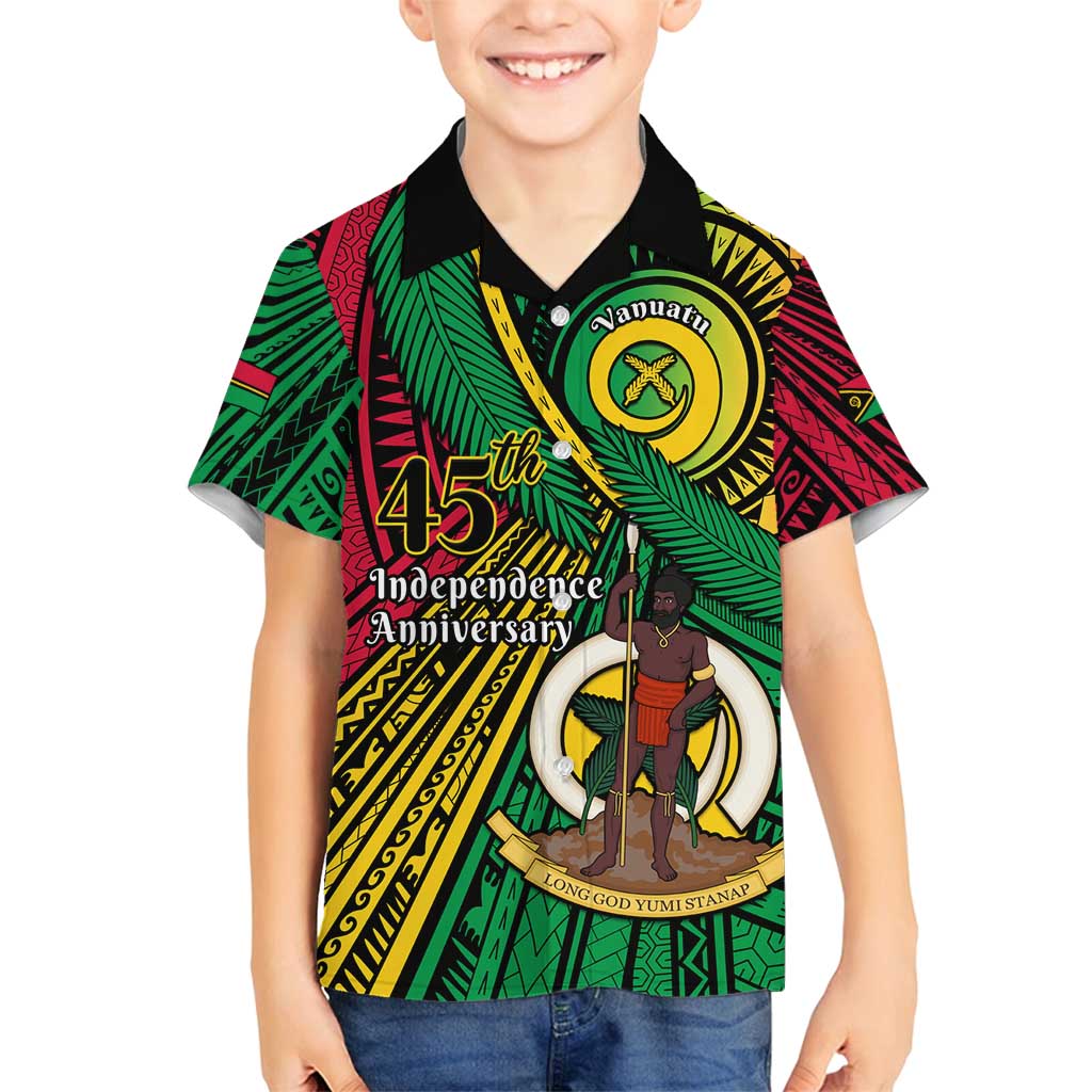 Halo Vanuatu Family Matching Off Shoulder Short Dress and Hawaiian Shirt Happy 45th Independence Anniversary LT14 Son's Shirt Black - Polynesian Pride