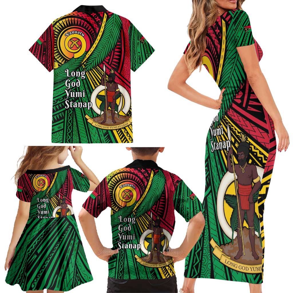 Halo Vanuatu Family Matching Short Sleeve Bodycon Dress and Hawaiian Shirt Happy 45th Independence Anniversary LT14 - Polynesian Pride