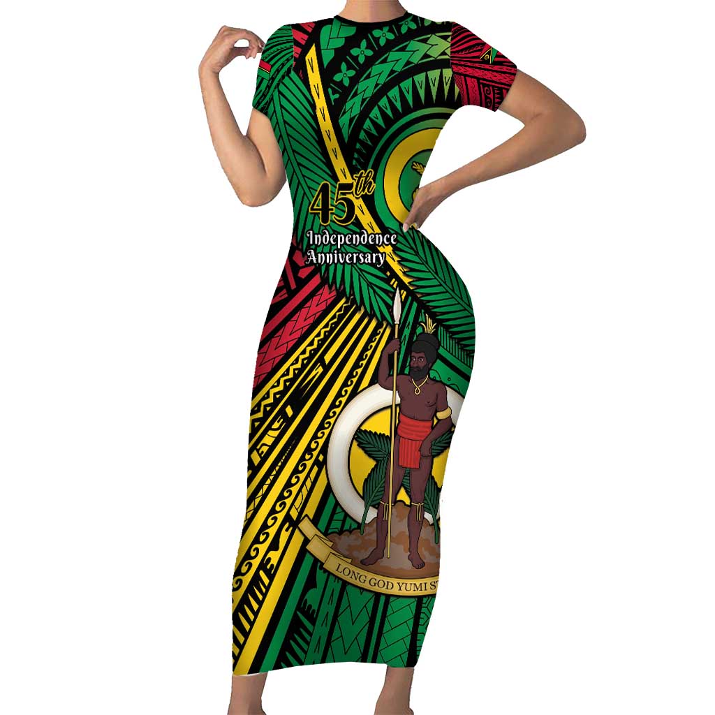 Halo Vanuatu Family Matching Short Sleeve Bodycon Dress and Hawaiian Shirt Happy 45th Independence Anniversary LT14 Mom's Dress Black - Polynesian Pride
