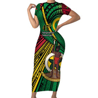 Halo Vanuatu Family Matching Short Sleeve Bodycon Dress and Hawaiian Shirt Happy 45th Independence Anniversary LT14 Mom's Dress Black - Polynesian Pride