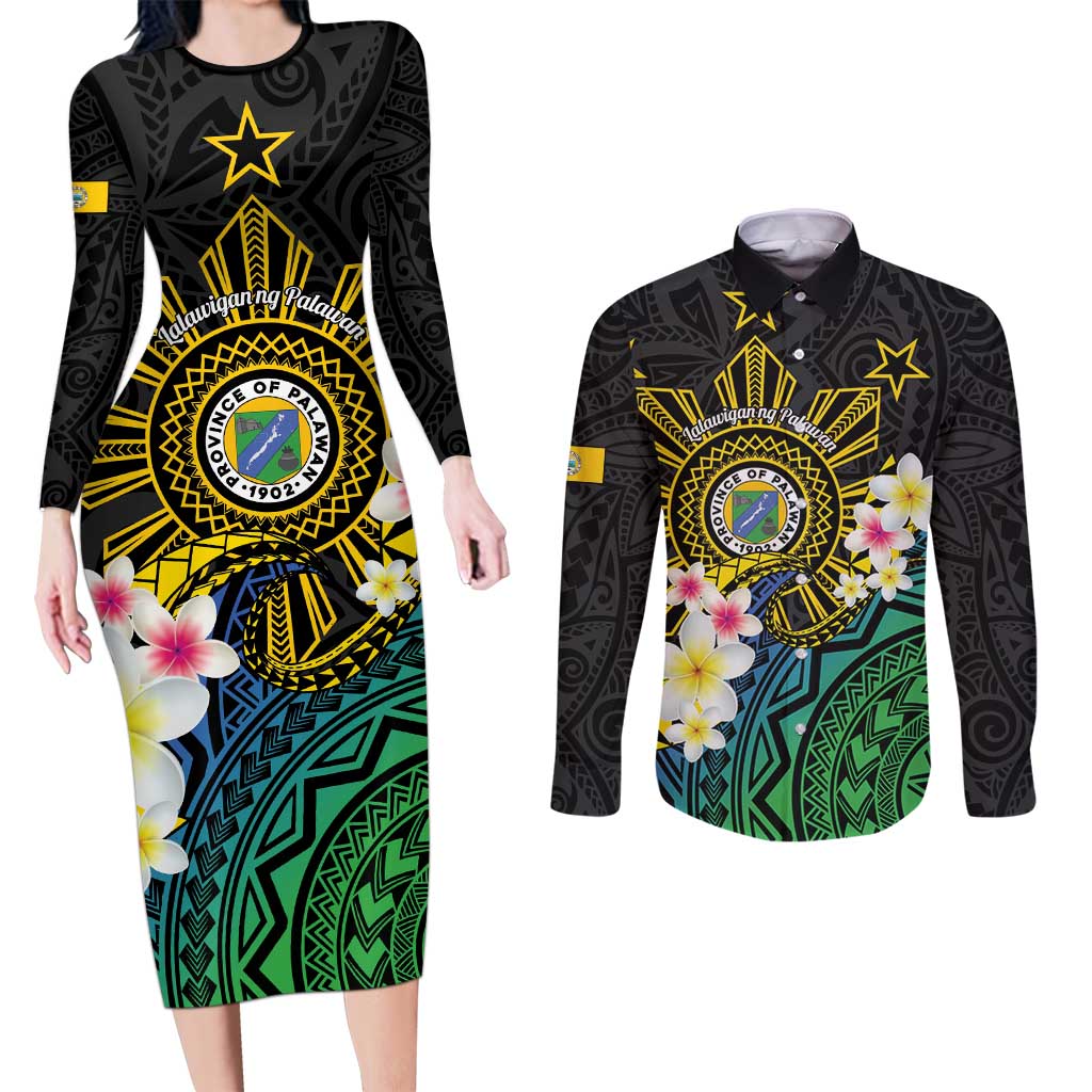 Lalawigan ng Palawan Couples Matching Long Sleeve Bodycon Dress and Long Sleeve Button Shirt Philippines Province Land of Promise LT14 Black - Polynesian Pride