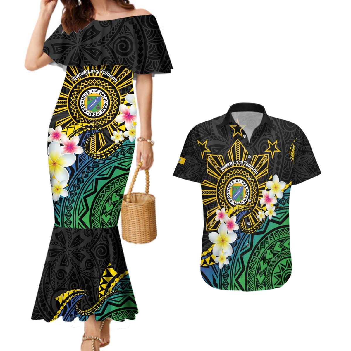 Lalawigan ng Palawan Couples Matching Mermaid Dress and Hawaiian Shirt Philippines Province Land of Promise LT14 Black - Polynesian Pride