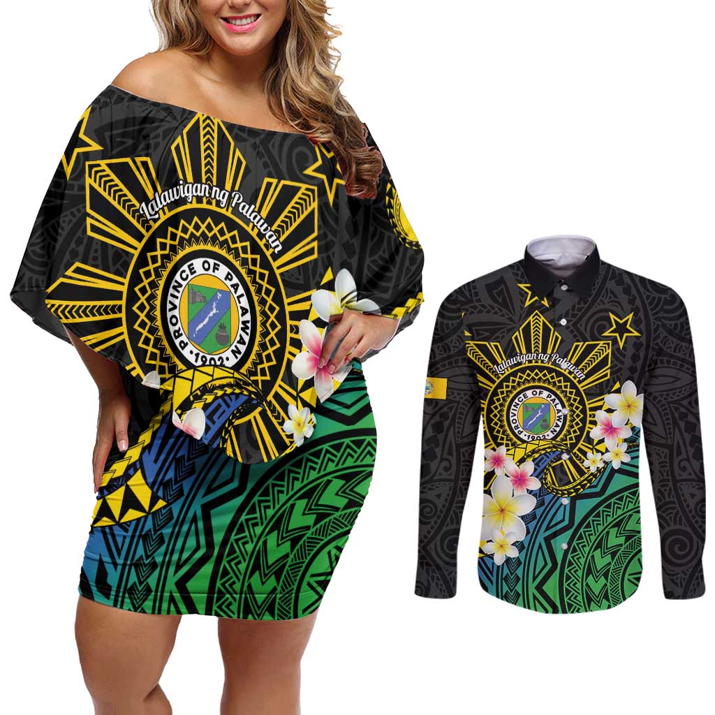Lalawigan ng Palawan Couples Matching Off Shoulder Short Dress and Long Sleeve Button Shirt Philippines Province Land of Promise LT14 Black - Polynesian Pride
