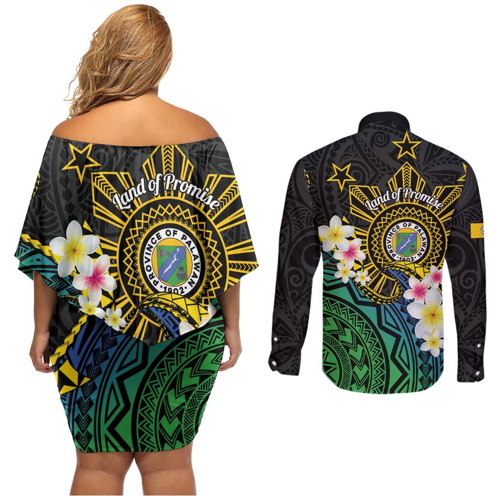 Lalawigan ng Palawan Couples Matching Off Shoulder Short Dress and Long Sleeve Button Shirt Philippines Province Land of Promise LT14 - Polynesian Pride