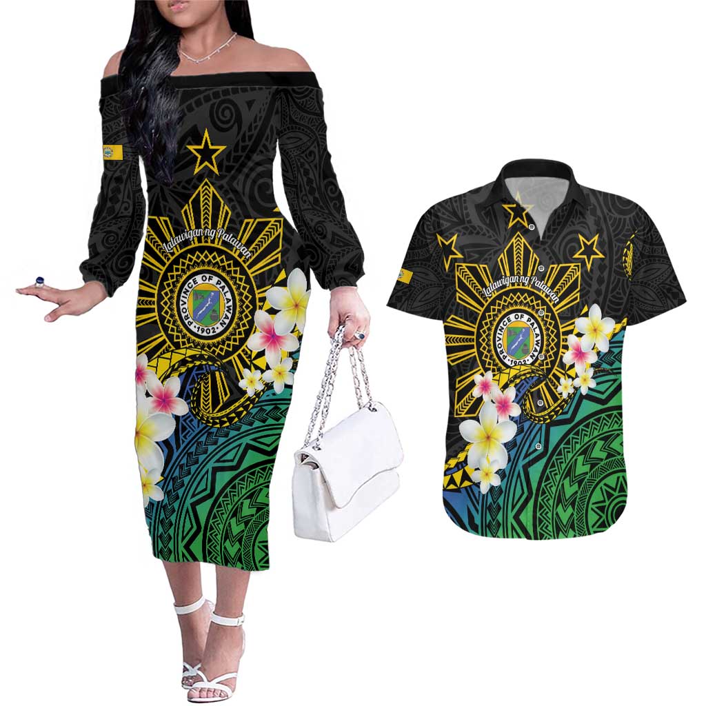 Lalawigan ng Palawan Couples Matching Off The Shoulder Long Sleeve Dress and Hawaiian Shirt Philippines Province Land of Promise LT14 Black - Polynesian Pride
